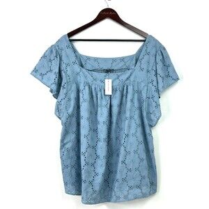 Lane Bryant Womens Blue Cotton Flutter Sleeve Eyelet Knit Blouse Sz 26/28 1264E4